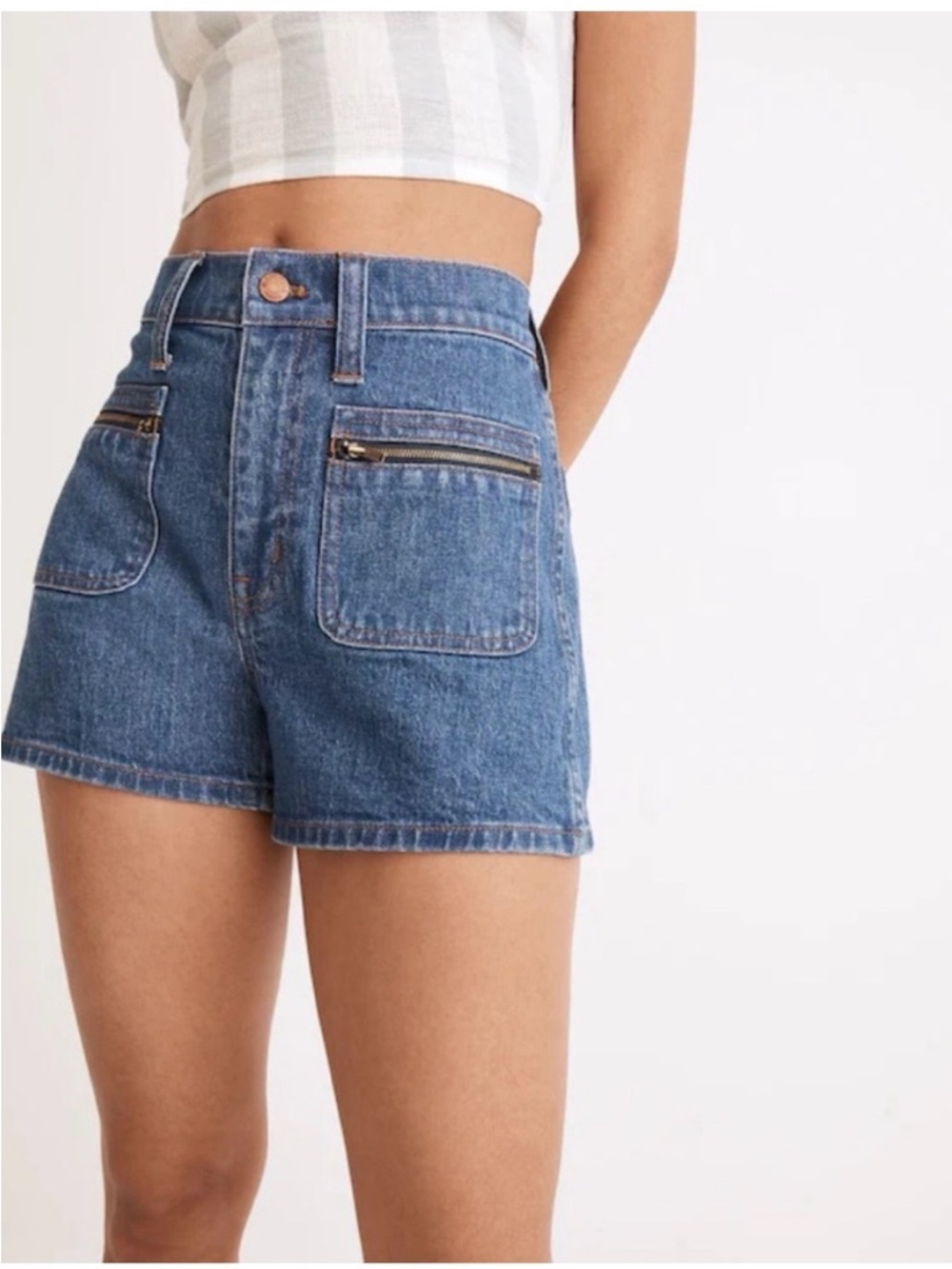 Madewell Zip-Pocket Shorts blue denim retro stretch high waist